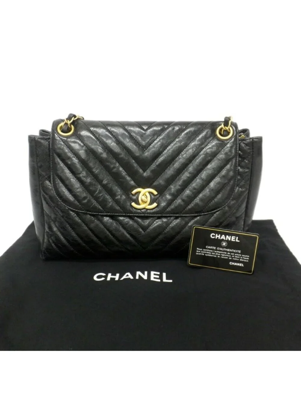 Chanel Chevron Classic Black Chain Shoulder Bag CC Logo Gold